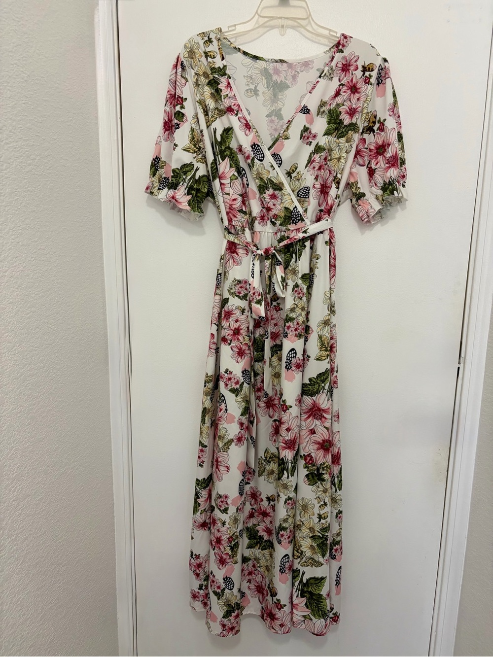 SHEIN Curve White Floral Wrap Maxi Dress with Pink & Green Accents